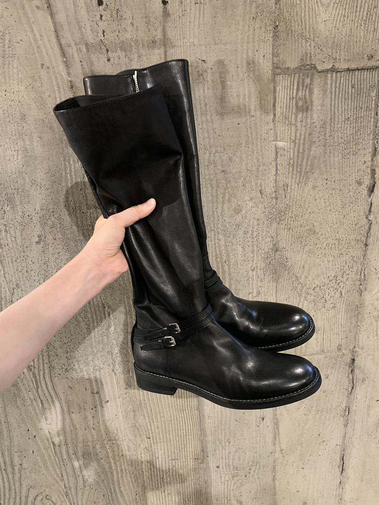 Studiolee Vegetable Tanned Leather Pattern~ Double Buckle with Round Head But Knee Side Zipper Thick Heel Knight Boots Women