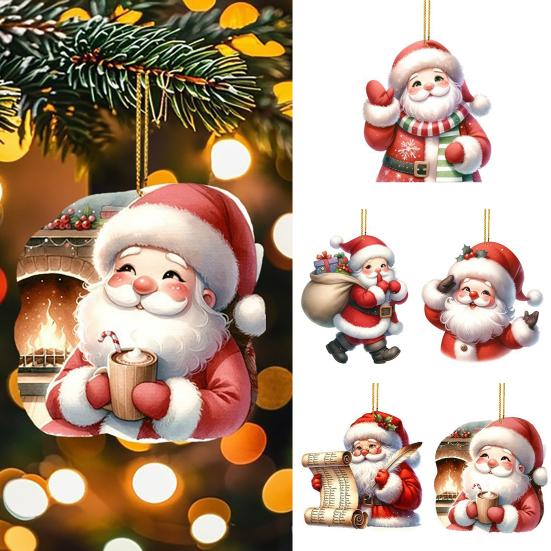 5 Pcs Santa Claus Ornaments 2D Acrylic Cartoon Santa Claus Pendant Christmas Tree Hanging Decoration for Car Tree Door Wall Home Holiday Decor