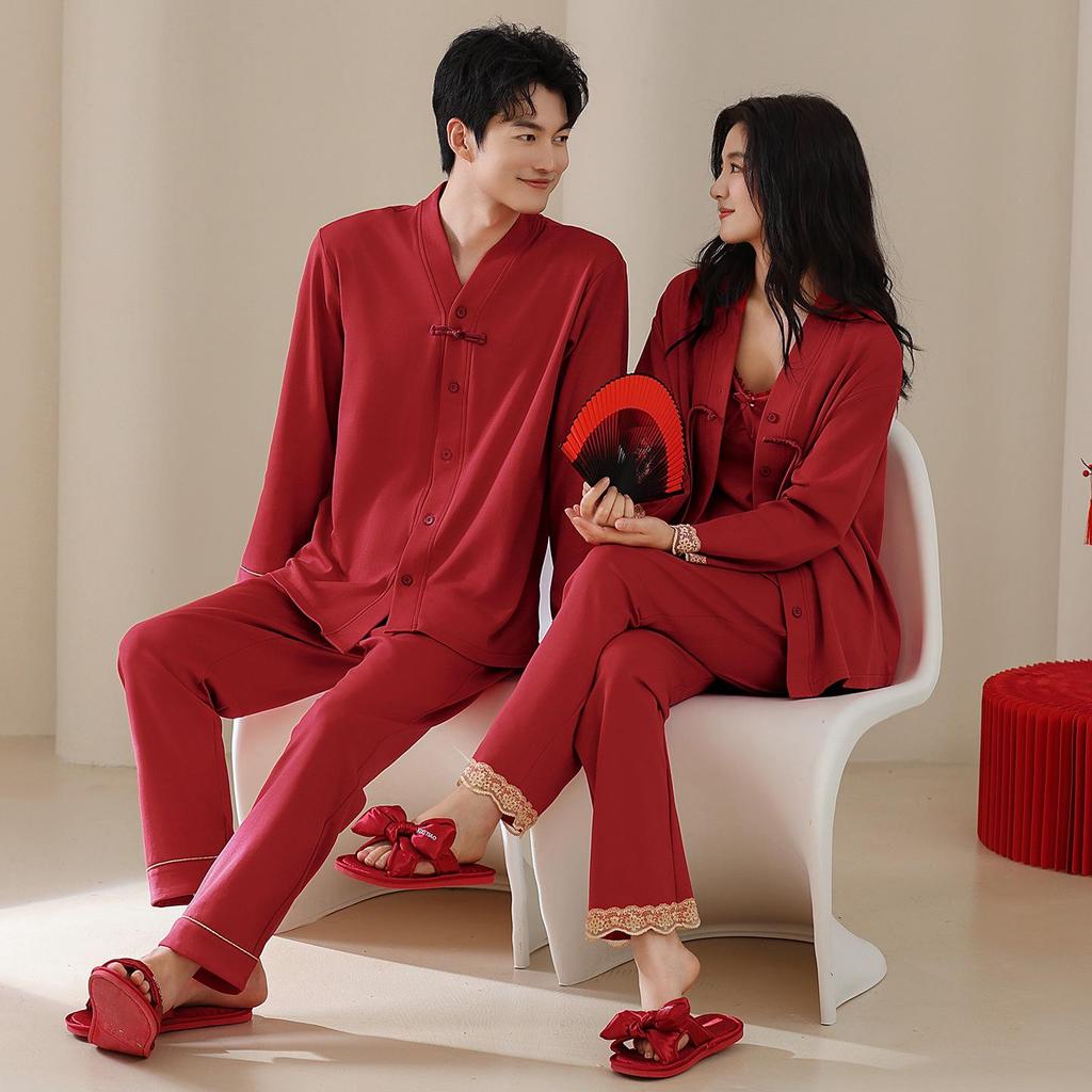 Three-Piece Red Wedding Pajama Set: Pure Cotton, Chest Pads, Zodiac Theme, for Couples, Spring/Autumn Home Wear