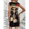 Women'S Gothic Punk Casual Dress Round Neck Sleeveless A-Line Midi Dress with 3D Skull Mushroom Print Woman Clothing Y2k Clothes