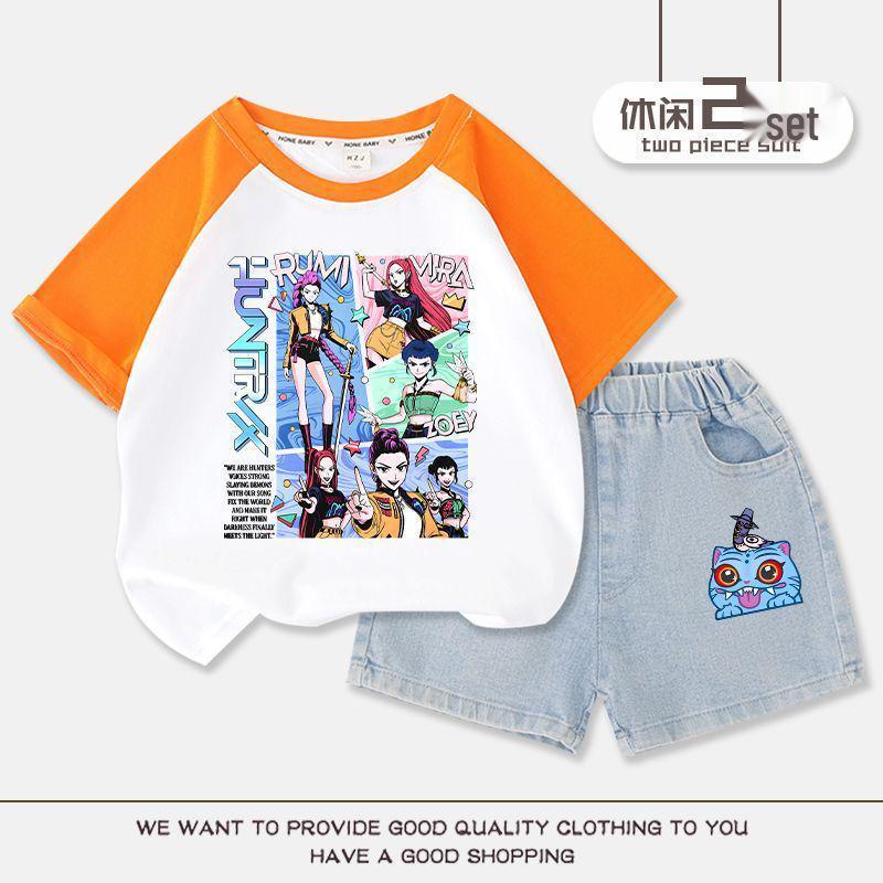 K-pop Monster Hunter Witch Girls Cotton Short Sleeve & Shorts Set - Trendy, Breathable Summer Casualwear 160