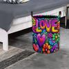 Oversized Round Storage Container Featuring a Vibrant Design of Love Hearts And Flowers - Made from Robust Polyester Fabric, This Hamper Basket Includ