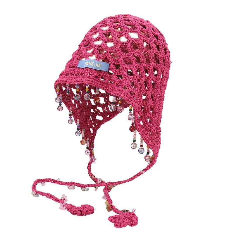 New ethnic style pearl fringed pendant hollow knitted wool hat women's summer outdoor sunshade sunscreen headgear