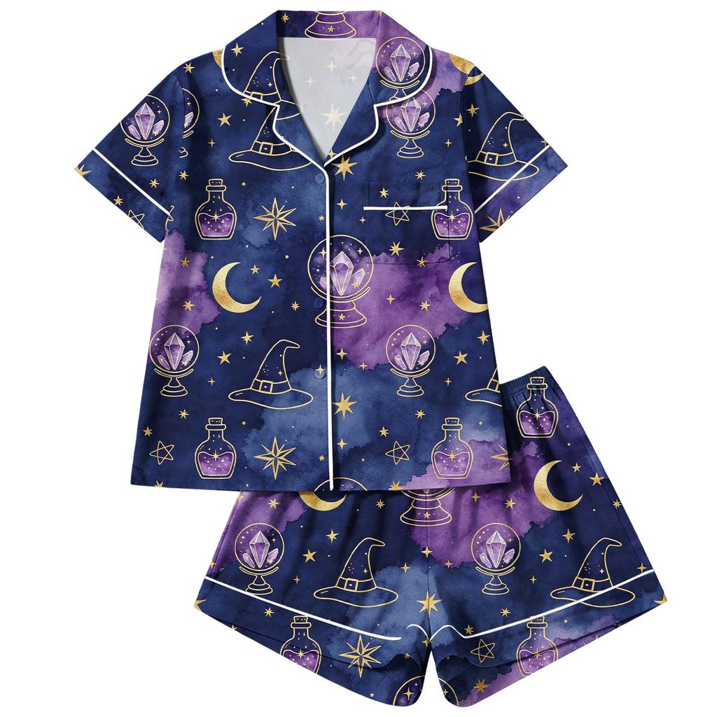 Damen 2-teiliges Pyjama-Set mit kurzärmeligem Knopfleisten-Oberteil und Shorts, weiche bequeme Nachtwäsche für Feiertage und Freizeit