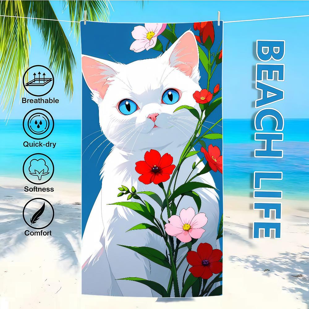 Towel Textile Flowers Bathrobe Beach Cat Surrounded Quick-Drying Adorable Lightweight Portable White Camping Swim Pool Travel