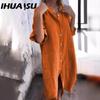 IHUASU Women's Fashion Summer Spring Solid Color Print POLO Neck High Waist Casual Dresses