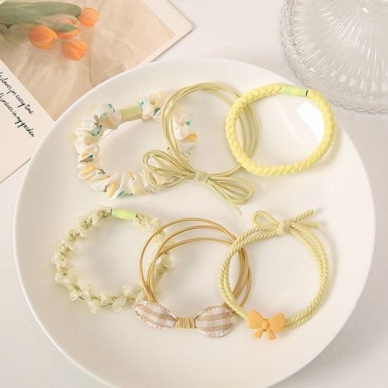6Pcs Hair Ropes Braided Design Faux Pearls Bow Decor Hair Ties Soft Fabric High Elasticity No Damage Hair Bands Ponytail Holder Hair Accessories