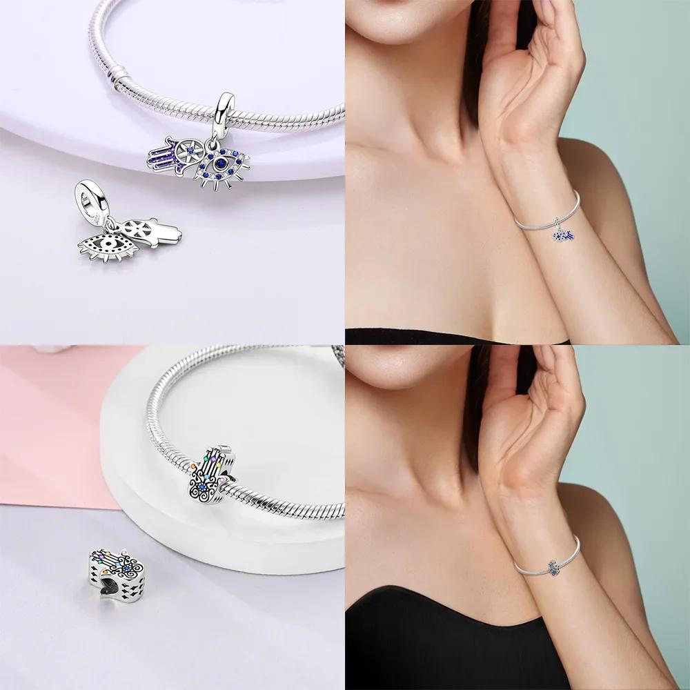 Original 925 Silver Blue Heart Demon Eye Pendant Fatima Hand Charm Bead Bracelet Women Jewelry Religion Gift