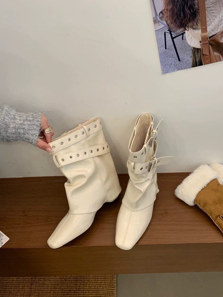 Height-increasing Retro Pointed Maillard Knight Trouser Boots New Belt Buckle Thick Heel Western Cowboy Short Boots