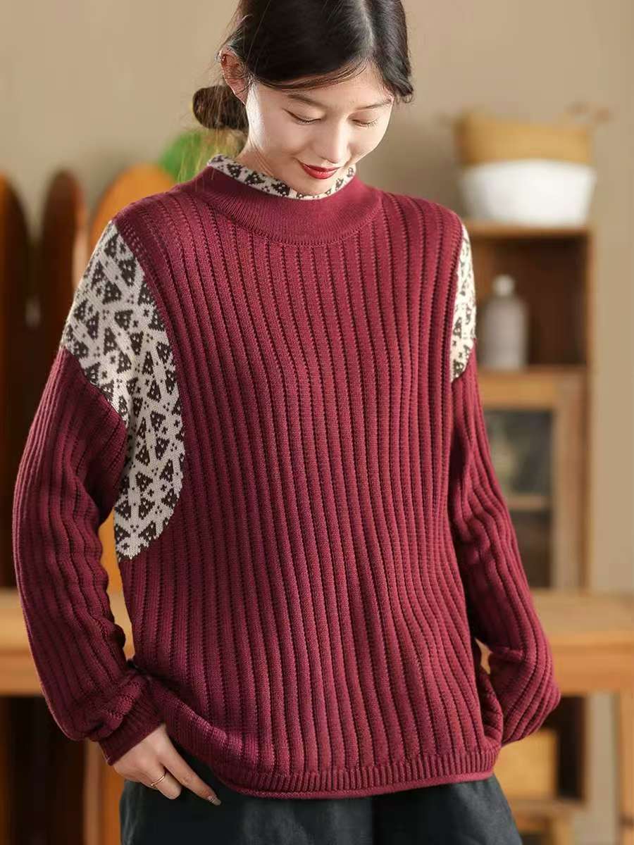 

Johnature Женские винтажные свитера-пуловеры с воротником-стойкой и длинным рукавом в стиле пэчворк, цветные весенние вязаные мягкие свитера One Size красный