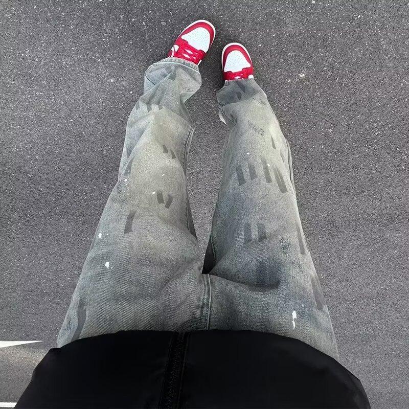 

American retro vintage splashing ink to make old jeans men s trendy brand ins high street ruffian handsome loose straight long pants 3XL синій