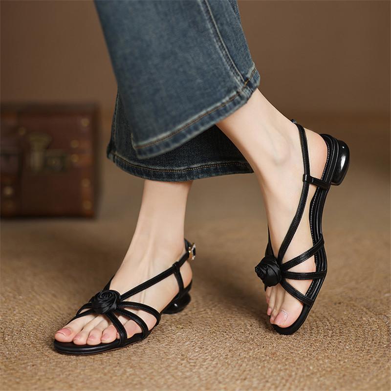 Fashion New Summer Sandals Sheep Leather Sandals for Women Fashion Flower Round Toe Low Heels Sandals Ladies Shoes Gladiator Shoes
