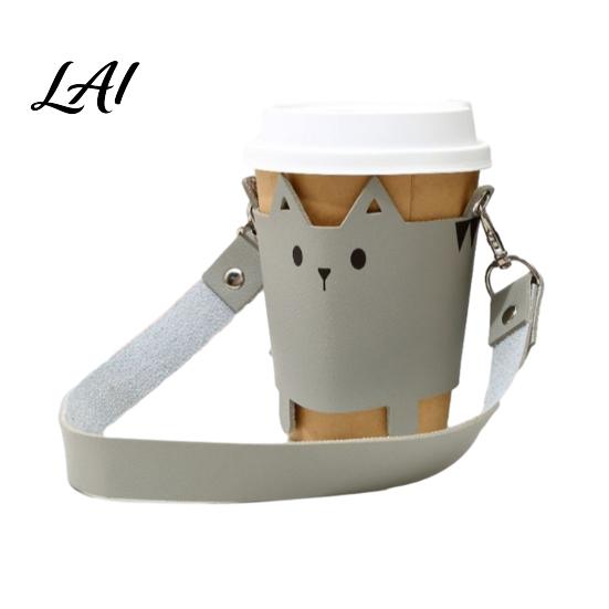 Portable Cup Accessory for Kids Cute Sleeve with Leather Cat PU Lanyard Insulated Reusable Coffee Cover Holder Protective Travel And Outdoor