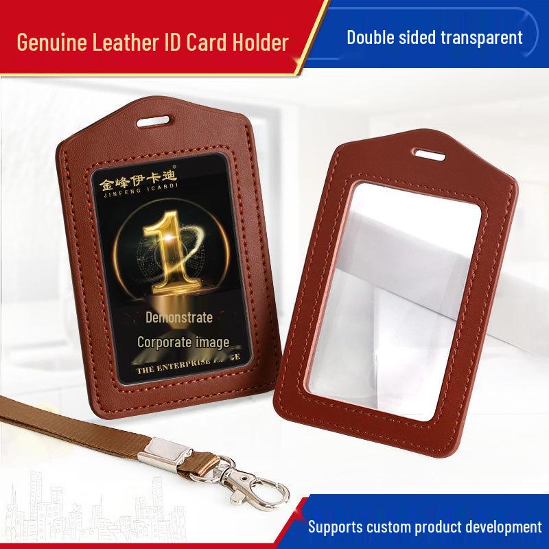 Genuine Leather Double-Sided ID Card Holder with Transparent Windows and Lanyard