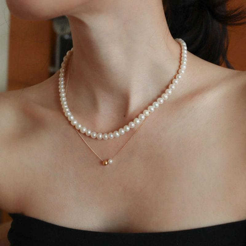 Modernlike 14k Gold-filled Silver Layered Chain Twin Pearl Ball Pendant Necklace