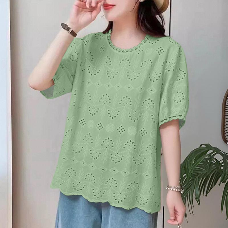 

ZANZEA Женская повседневная блузка с круглым вырезом, короткими рукавами, летняя, лоскутная, кружевная, вязаная крючком 4XL зелёный