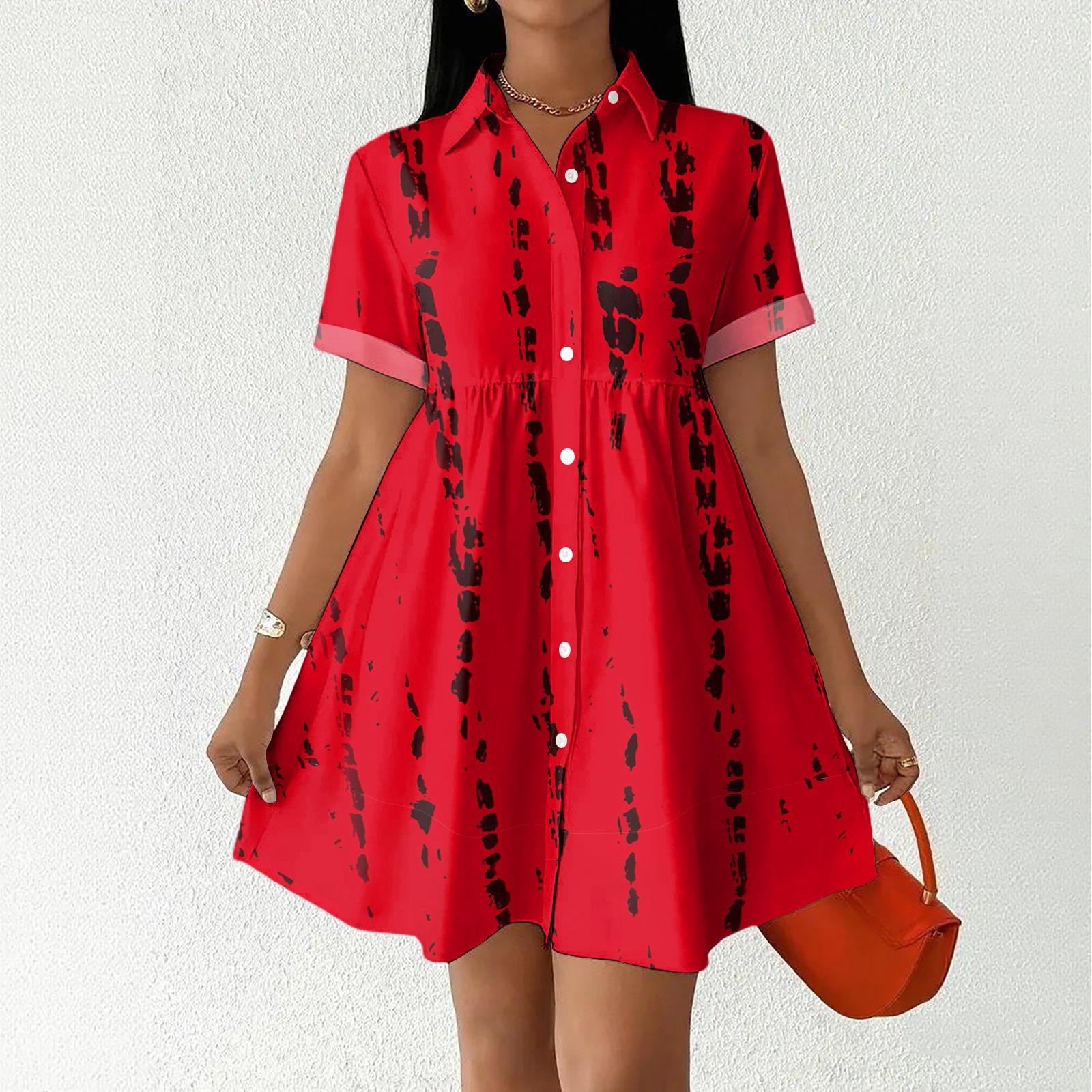 

Women Loose Fit Shirt Dress Button Down Stand Collar Short Sleeve Casual Dress Abstract Print Flowy Tunic Dress for Daily Wear M червоний