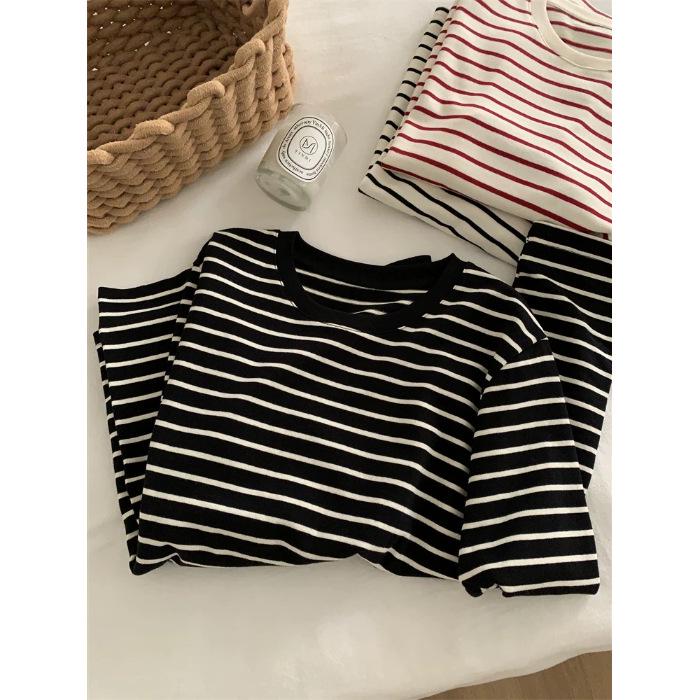 Korean Style Plus Size Striped Round Neck Long Sleeve T-shirt for Women - Autumn Winter Casual Loose Pullover