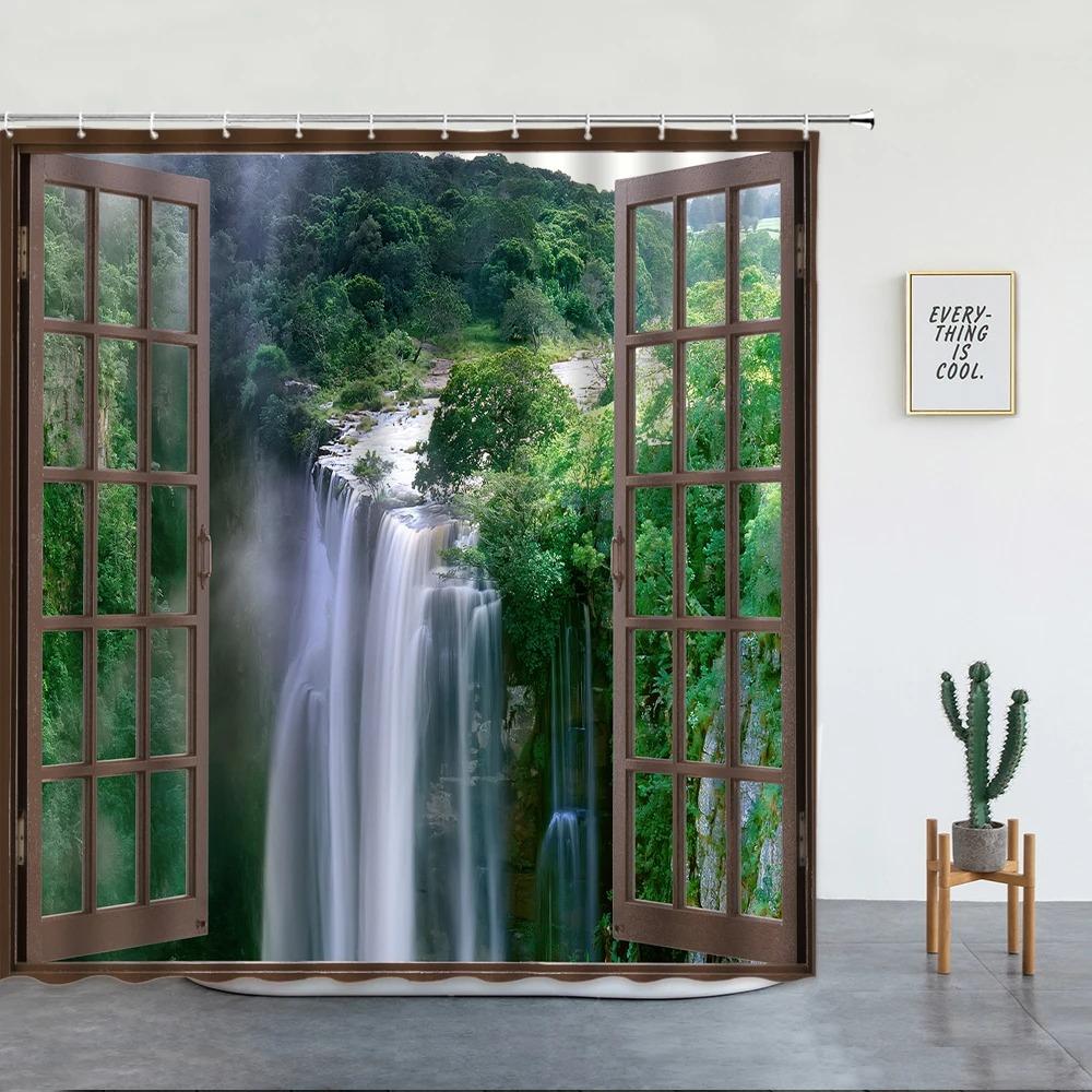 Landscape Waterfall Shower Curtain Tropical Jungle Plant Water Green Waterproof Curtains Nature Scenery Bathroom Decor Set Hooks