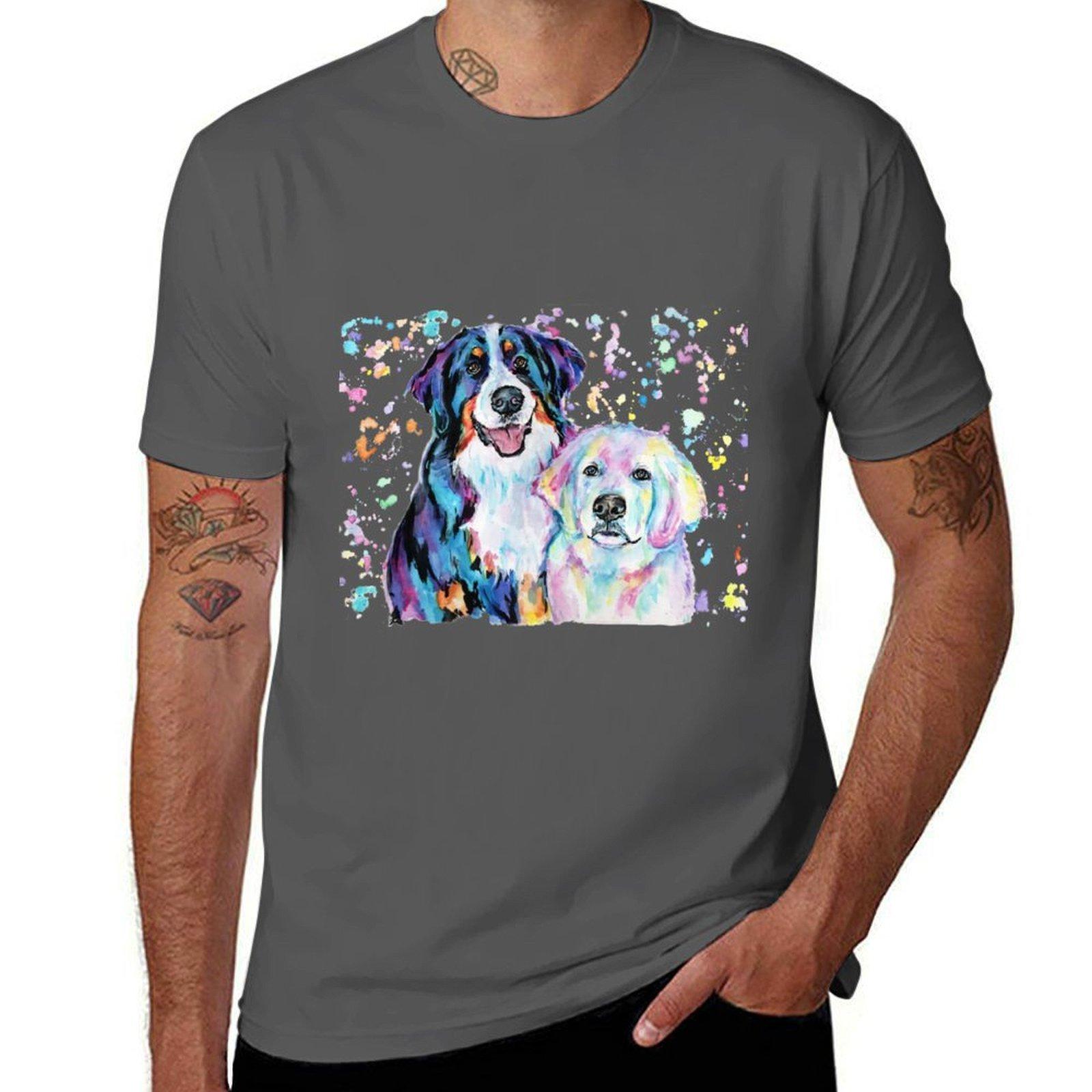 

Watercolour Bernese and Pyrenees T-Shirt man t shirt cotton man t shirts for men T-Shirt 4XL