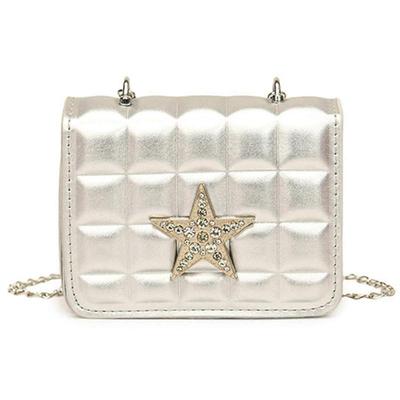 Bolsa Quadrada Pequena Feminina com Strass Estrela Bolsa de Ombro Bolsa de Corrente Elegante Bolsa Transversal Couro PU para Encontro para o Trabalho Prata