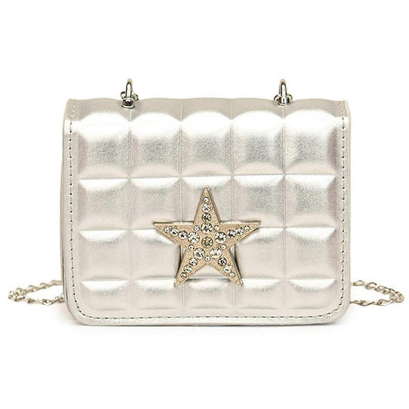 Women Small Square Bag Rhinestones Star Shoulder Bag Chain Bag Stylish Crossbody Bag PU Leather Dating for Work Silver