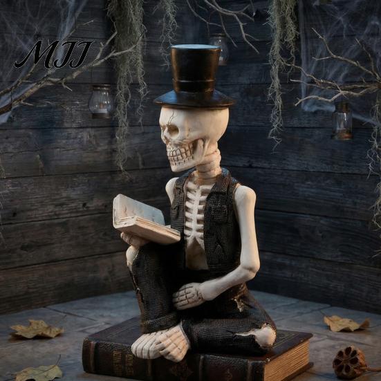 Schädel Sammlerstatue Kleiner Lese-Gentleman Figur Halloween Sitzendes Skelett mit Zylinder Retro Dekoration Hut und Anzug für Gothic Wohnen