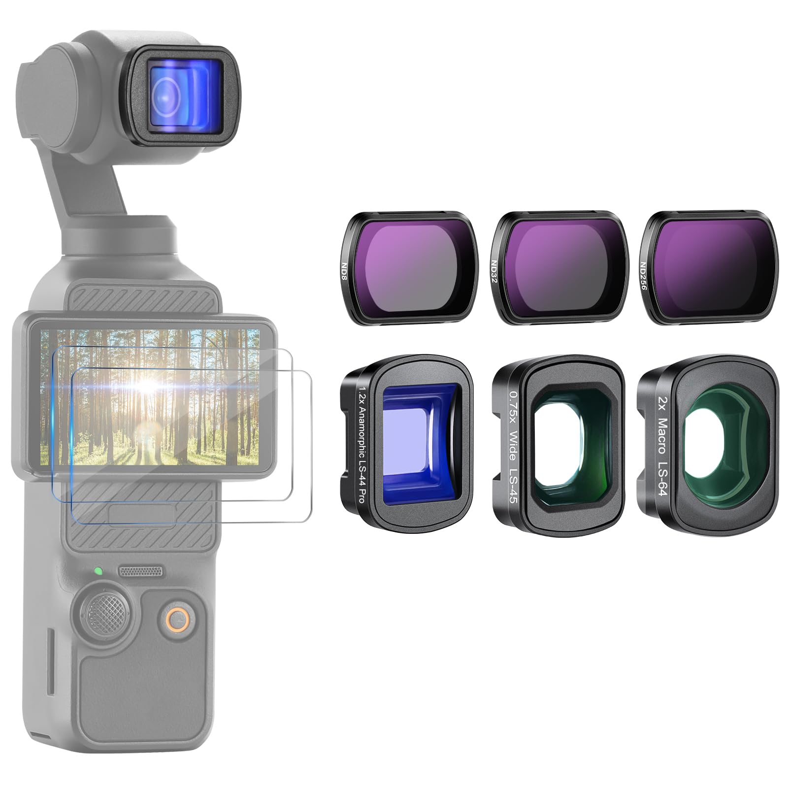 

NEEWER ND Filter Set and with 2X Macro and Blue Anamorphic and Screen Compatible with DJI Osmo Pocket 3 Creator Combo Accessories (3 Filters) ND8,