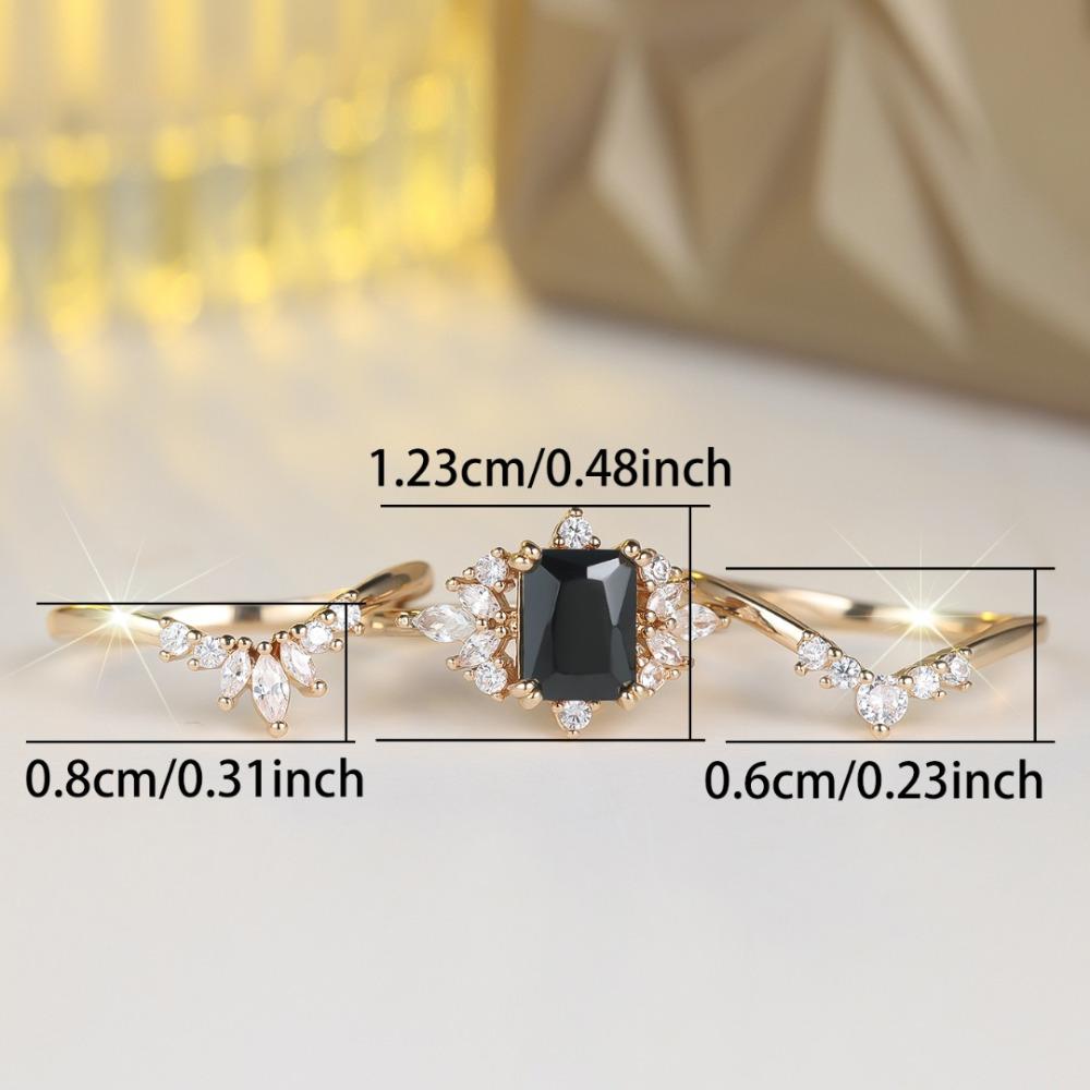 Elegant Square Black Zircon Ring Set for Women Luxury Gold Color Three-piece Commitment Ring Jewelry Accessories