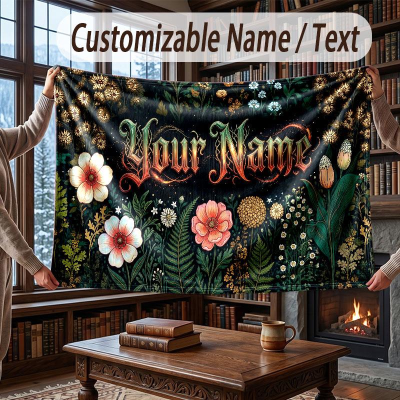 Floral Garden Theme Throw Blanket Custom Name Text Personalized Blanket Soft Cozy Blanket for Home Sofa Bed
