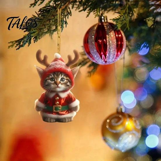 Cute Cat Christmas Decor Santa Ornament, Acrylic Car Mirror Hanging with Holiday Gift Packaging Embellishments Reindeer Antlers, 2D Bag Charm