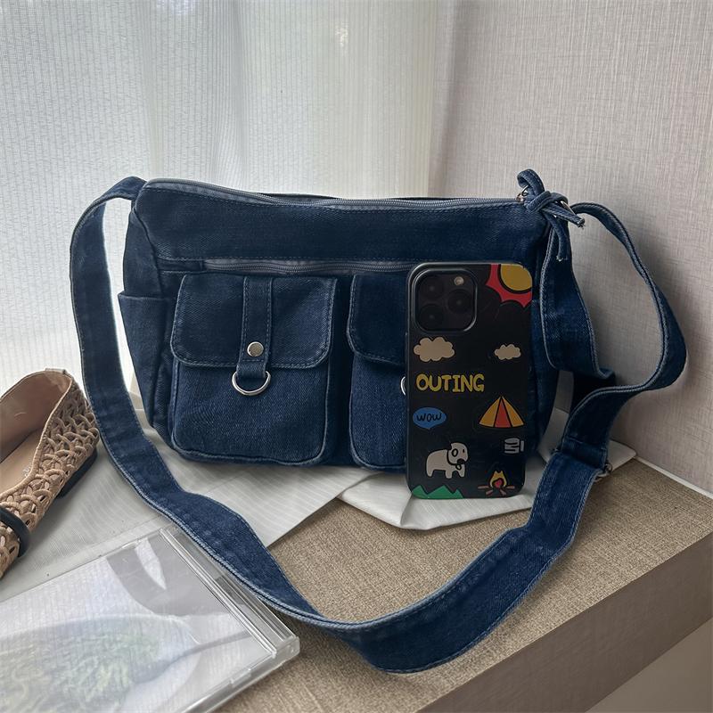 Denim Crossbody Bag Multi Pocket Shoulder Handbag with Adjustable Strap