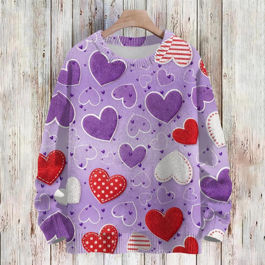 Women's Fashion Casual Long,Sleeve Valentine's Day Round,Neck Knit Pullover Top