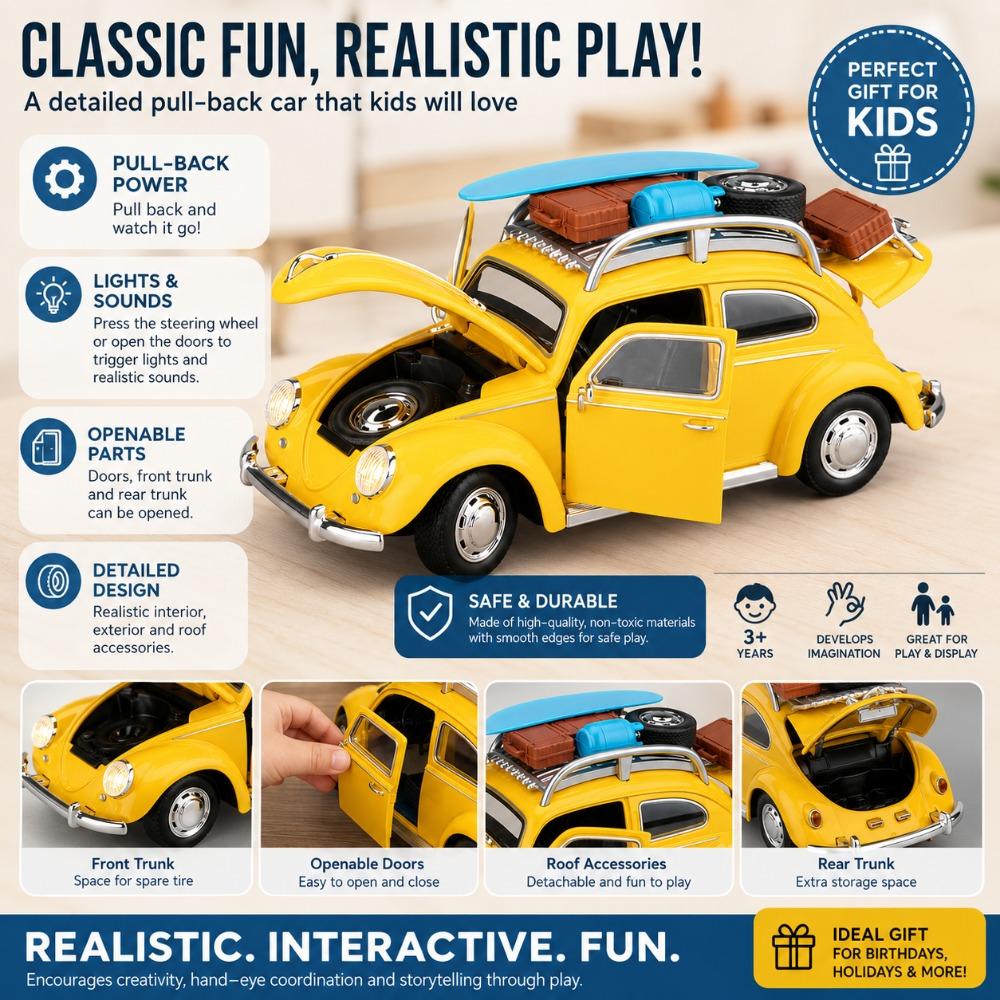 1:24 Classic Beetle Vintage Diecast Car Model, Alloy Retro Old Timer Vehicle with Light & Sound, Pull Back Toy Car