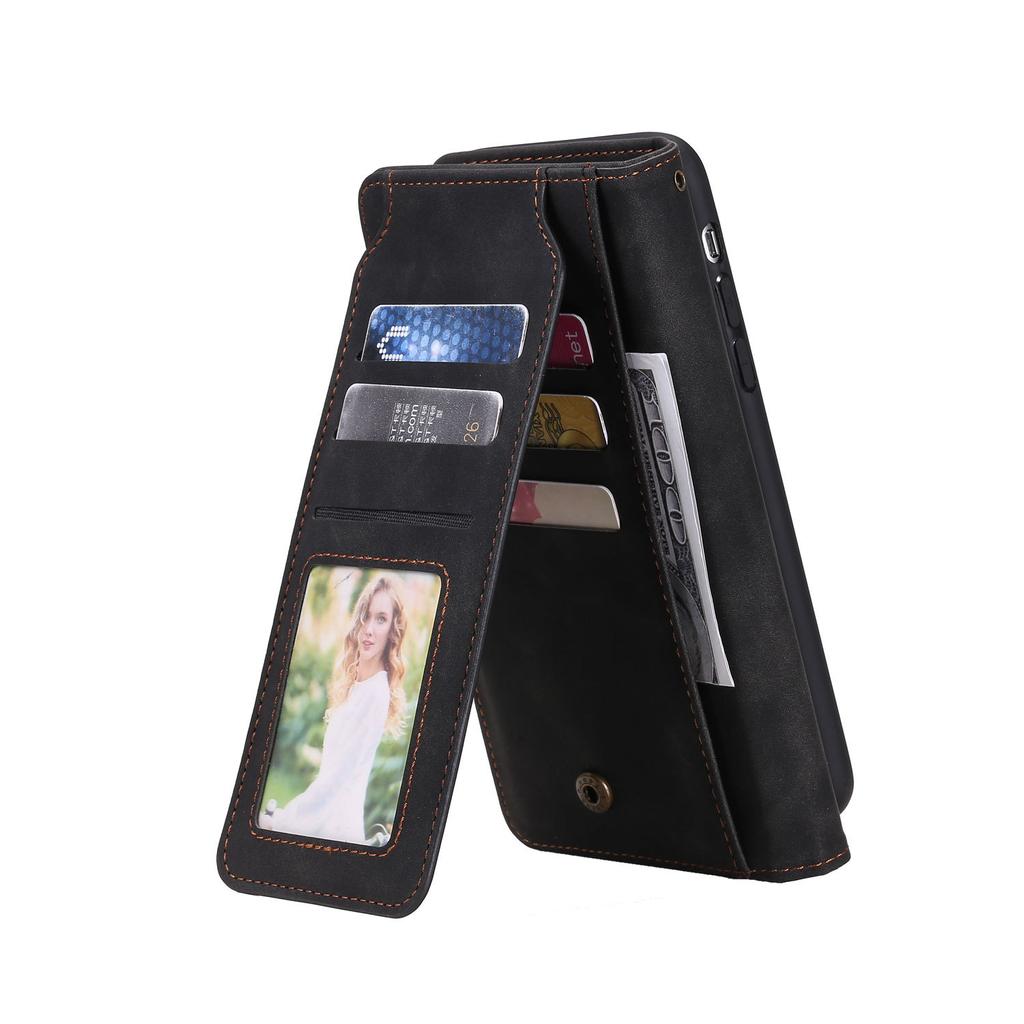 Applicable to iPhone16 mobile phone leather case 15Pro skin matte solid color nine-card wallet protective case Samsung S25
