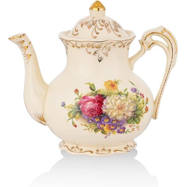 Европейский фарфоровый чайник, Винтажный цветочный чайник, Цветочный чайник с отделкой цвета слоновой кости и золота, Подарок для женщин (Цветочный 40 унций) Floral 28 OZ