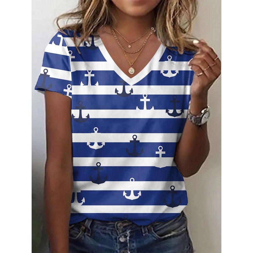 New Anchor Stripe 3D Print T-Shirts Women's Short Sleeve V-Neck T Shirt Casual Tops Harajuku Tees Streetwear Female Clothing