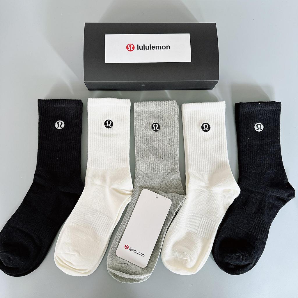Lululemo Lemon High Socks: A Box of 5 Trendy Embroidered Sports Socks for Men and Women