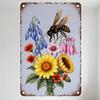 Vintage Style Metal Tin Sign Blue Background Rusty Brown Border, Flowers & Bee Illustration, Sunflower Poppy Bellflower Decor Fo