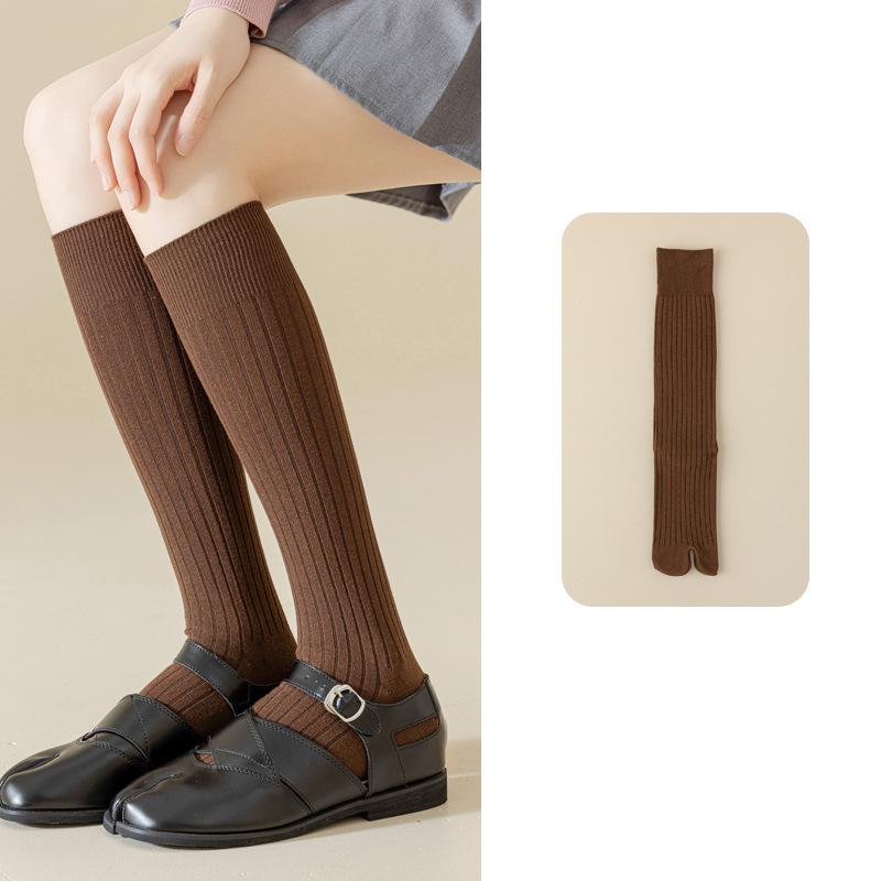 1Pair Vertical Bar Sweat Absorption Knitted Anti Friction Two Finger Socks Personality Cotton Medium Length Tube Split Toe Socks