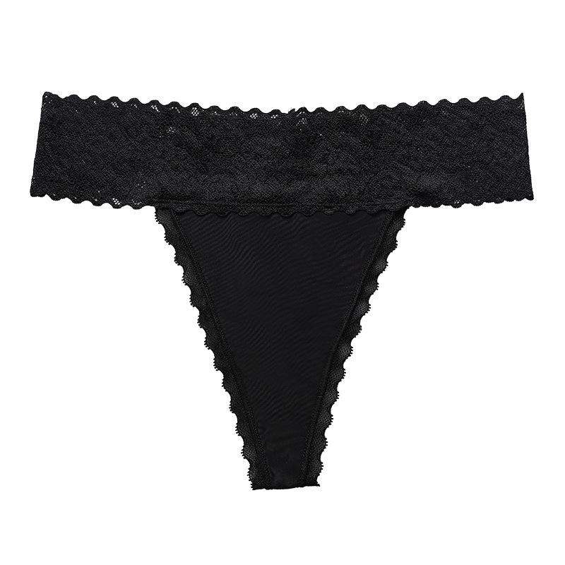 

European and American lace splicing T-shaped underwear women s large size sexy seamless low waist pure cotton crotch sports fitness underwear S чёрный