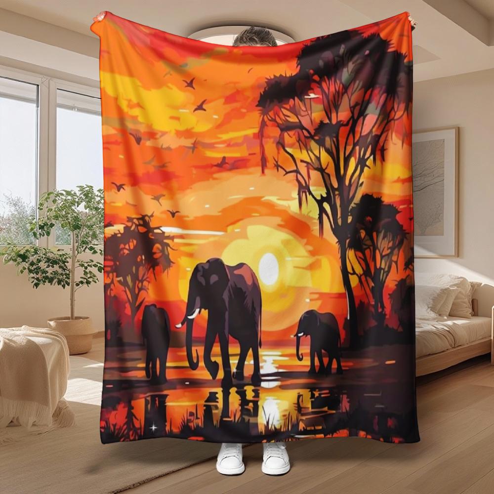 African Sunset Elephants, Family Gift, Soft Blanket, Vibrant Orange Silhouette Design, Multi-Purpose Home Decor, Cozy Comfort
