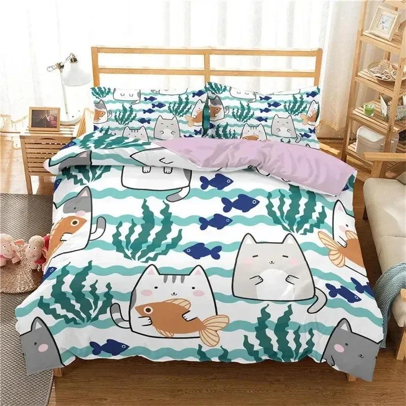 Kawaii Katze Bettbezug Cartoon Bettwäscheset Mikrofaser Niedlich 3D Tiere Bettdeckenbezug Einzelbett Doppelbett Kingsize Für Kinder Junge Mädchen Teenagerzimmer