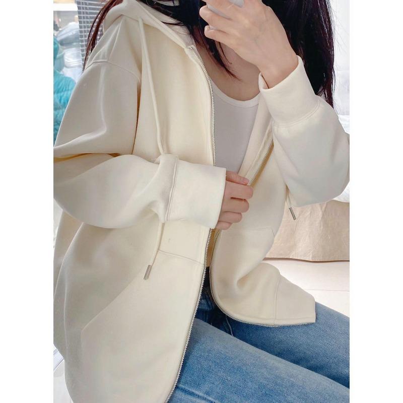 Lazy wind premium gray sweater jacket women's spring and autumn casual sports hooded zipper top cardigan versatile