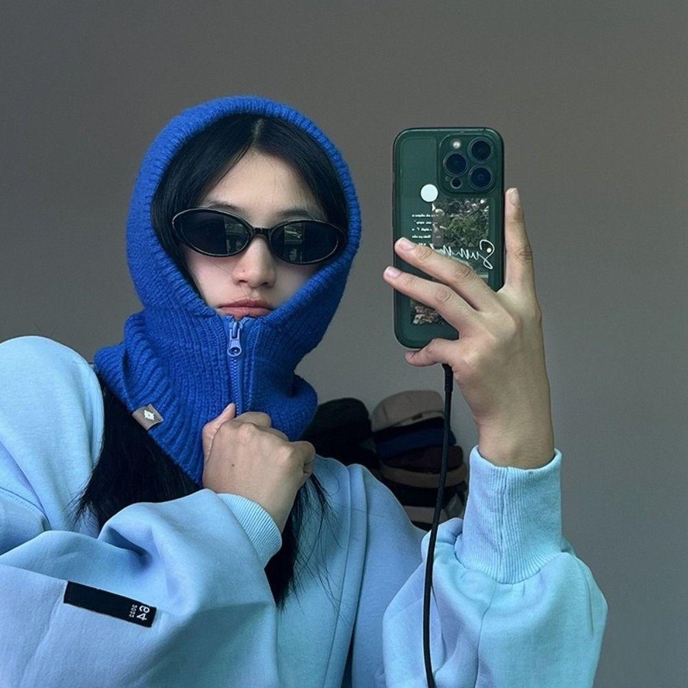 Thickened Wool Knit Hood Hat with Zipper Neck Warmer Pullover Snood Snow Beanie Cap  Winter Outdoor