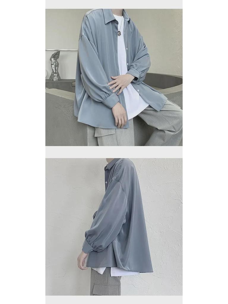 Men's Loose Fit Korean Style Pleated Cuff Shirt with Long Sleeves - Spring/Autumn Fashion.