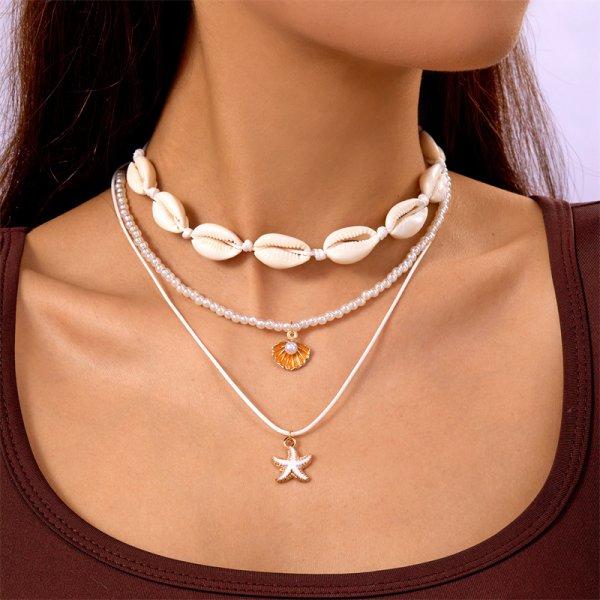 Boho Multilayer Shell Starfish Pendant Necklace for Women Imitation Pearl Conch Layered Chain Choker Girls Beach Party Jewelry