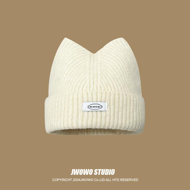 Knitted Cat Ear Letter Beanie Hat For Women Winter Warmth Casual Style