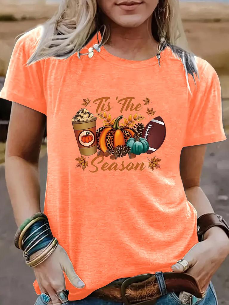 European & American Women's Halloween Pumpkin Baseball Tee - Round Neck, Short Sleeve, Casual Fashion T-Shirt
