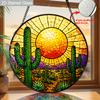 2D Flat Cactus Stained Glass Suncatcher, 6.3/7.87 Inch Desert Sunset Stained Glass Suncatcher, Southwest Cactus Window Hanging, Round Glass Panel